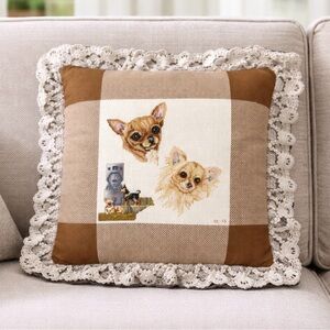 15x17” Vintage Needlepoint Chihuahua Decorative Throw Pillow Long & Short Hair